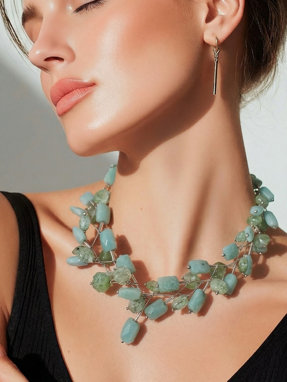 Handmade Genuine Aventurine Stone “Fringe”  Statement Necklace 14”